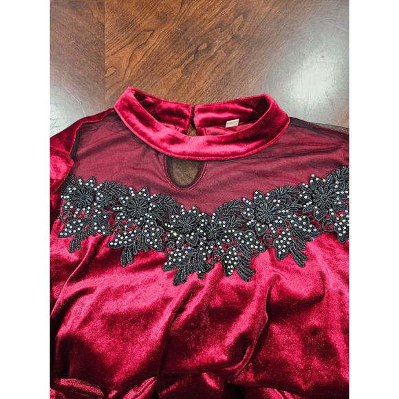 Red Velvet Holiday Tunic Sheer Rhinestone Lace Goth Romantic Size M - Picture 4 of 7